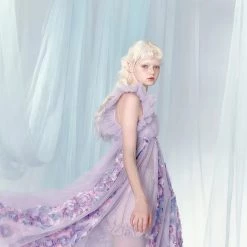 [UNOSA] Angel Mist Purple Rose Stitching Fairy Midi Dress Summer 2022