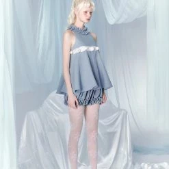 [UNOSA] Dancing Lily Ruffled Buds Blue Pink Cute Babydoll Set