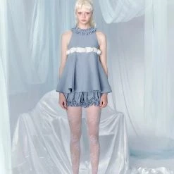 [UNOSA] Dancing Lily Ruffled Buds Blue Pink Cute Babydoll Set