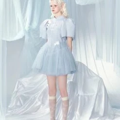 [UNOSA] Angel Blue Mist Puff Sleeves Lace Mini Dress