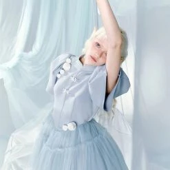 [UNOSA] Angel Blue Mist Puff Sleeves Lace Mini Dress