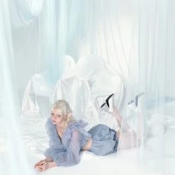 Summer 2022 [UNOSA] Lavender's Blue Haze Asymmetric Hem Lace Puff Top