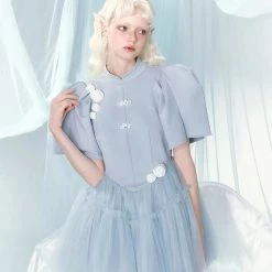 [UNOSA] Angel Blue Mist Puff Sleeves Lace Mini Dress