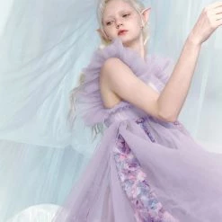 [UNOSA] Angel Mist Purple Rose Stitching Fairy Midi Dress Summer 2022