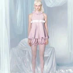 [UNOSA] Dancing Lily Ruffled Buds Blue Pink Cute Babydoll Set