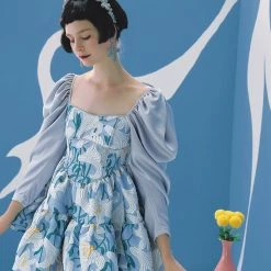 UNOSA Quiet Lily Puff Sleeves Jacquard Short Dress Summer 2022