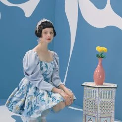 UNOSA Quiet Lily Puff Sleeves Jacquard Short Dress Summer 2022