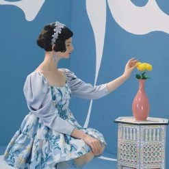 UNOSA Quiet Lily Puff Sleeves Jacquard Short Dress Summer 2022