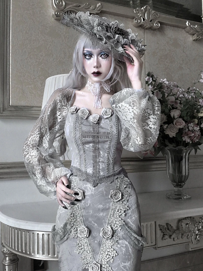 Blood Supply White Rose Funeral 3D Rose Corset Top Set New Arrivals 3 Blood Supply White Rose Funeral 3D Rose Corset Top Set New Arrivals