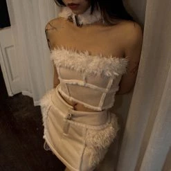 [Designer Brand - Illimite] Leather Fur Boob Tube Top Skirt Set