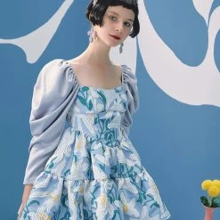 UNOSA Quiet Lily Puff Sleeves Jacquard Short Dress Summer 2022