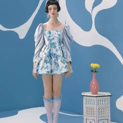 UNOSA Quiet Lily Puff Sleeves Jacquard Short Dress Summer 2022