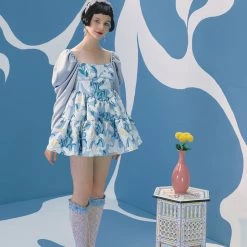 UNOSA Quiet Lily Puff Sleeves Jacquard Short Dress Summer 2022