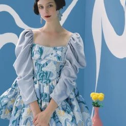 UNOSA Quiet Lily Puff Sleeves Jacquard Short Dress Summer 2022