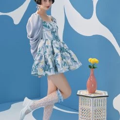 UNOSA Quiet Lily Puff Sleeves Jacquard Short Dress Summer 2022
