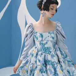 UNOSA Quiet Lily Puff Sleeves Jacquard Short Dress Summer 2022