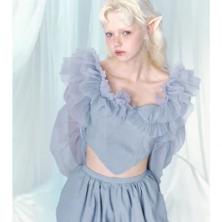 Summer 2022 [UNOSA] Lavender's Blue Haze Asymmetric Hem Lace Puff Top