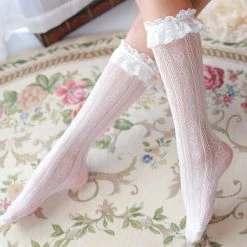 Peiliee Shop [Basic] Dolly Heart Lace Babydoll Below-knee Socks