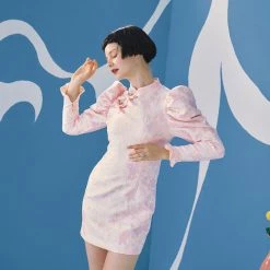 UNOSA Pink Lady Vintage Jacquard Qipao Dress Summer 2022
