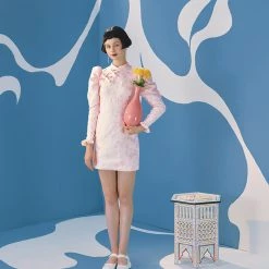 UNOSA Pink Lady Vintage Jacquard Qipao Dress Summer 2022
