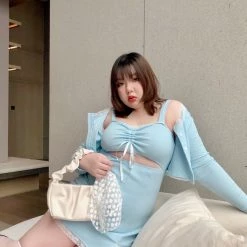 Lan Studio [Curve Beauty] Baby Blue Bodycon Dress Set