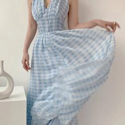Vintage Inspired New Arrivals Blue Memory Gingham Dress