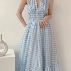 Vintage Inspired New Arrivals Blue Memory Gingham Dress