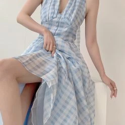 Vintage Inspired New Arrivals Blue Memory Gingham Dress