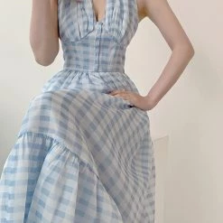 Vintage Inspired New Arrivals Blue Memory Gingham Dress