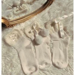 Peiliee Shop [3 Pairs Set] Neutral Christmas Faux Fur Pom Pom Socks New Arrivals