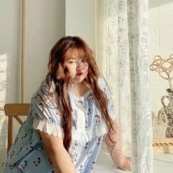 DAJUN [Curve Beauty] Cherry Lace Lounge Wear Dress Set New Arrivals