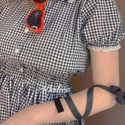 Peiliee Shop [Sweden Warehouse] By Peiliee - Afternoon Tea At Tiffany Gingham Babydoll Mini Dress Lolita 1997 Style