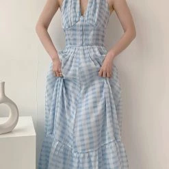 Vintage Inspired New Arrivals Blue Memory Gingham Dress