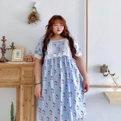 DAJUN [Curve Beauty] Cherry Lace Lounge Wear Dress Set New Arrivals