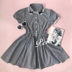 Peiliee Shop New Arrivals [By Peiliee] Afternoon Tea At Tiffany Gingham Babydoll Mini Dress Lolita 1997 Style