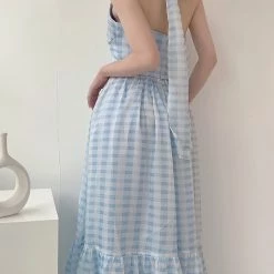 Vintage Inspired New Arrivals Blue Memory Gingham Dress