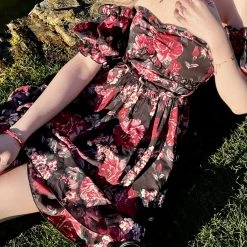 Dark Rose Floral Mini Dress Designer Arilf Summer 2022