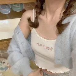 RIBERRY [Basic] Rose Romance Floral Embroidered Vest Top