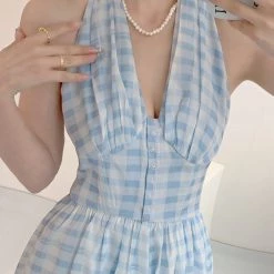 Vintage Inspired New Arrivals Blue Memory Gingham Dress