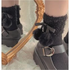 Peiliee Shop [3 Pairs Set] Neutral Christmas Faux Fur Pom Pom Socks New Arrivals