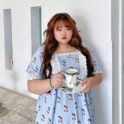 DAJUN [Curve Beauty] Cherry Lace Lounge Wear Dress Set New Arrivals