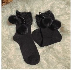 Peiliee Shop [3 Pairs Set] Neutral Christmas Faux Fur Pom Pom Socks New Arrivals