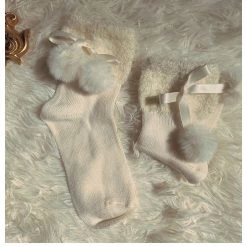 Peiliee Shop [3 Pairs Set] Neutral Christmas Faux Fur Pom Pom Socks New Arrivals