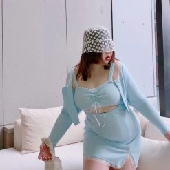 Lan Studio [Curve Beauty] Baby Blue Bodycon Dress Set