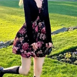 Dark Rose Floral Mini Dress Designer Arilf Summer 2022