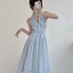 Vintage Inspired New Arrivals Blue Memory Gingham Dress