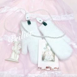 Peiliee Shop Snow Fairy Pearl Chain Fluffy Gloves Set