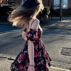 Dark Rose Floral Mini Dress Designer Arilf Summer 2022