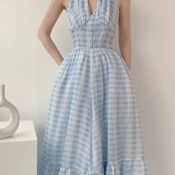 Vintage Inspired New Arrivals Blue Memory Gingham Dress