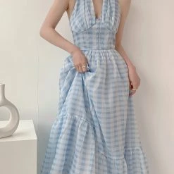 Vintage Inspired New Arrivals Blue Memory Gingham Dress